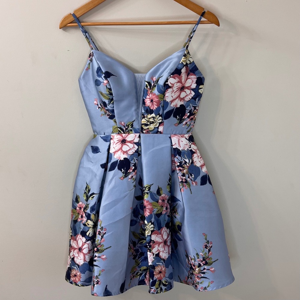 Floral Satin Fit and Flare Dress Light Blue V-Neck Mesh Inset Cocktail Party
